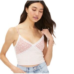 Pink Floral Lace Trim Pointelle Crop Cami Tank Dainty Fem Cottagecore Festival